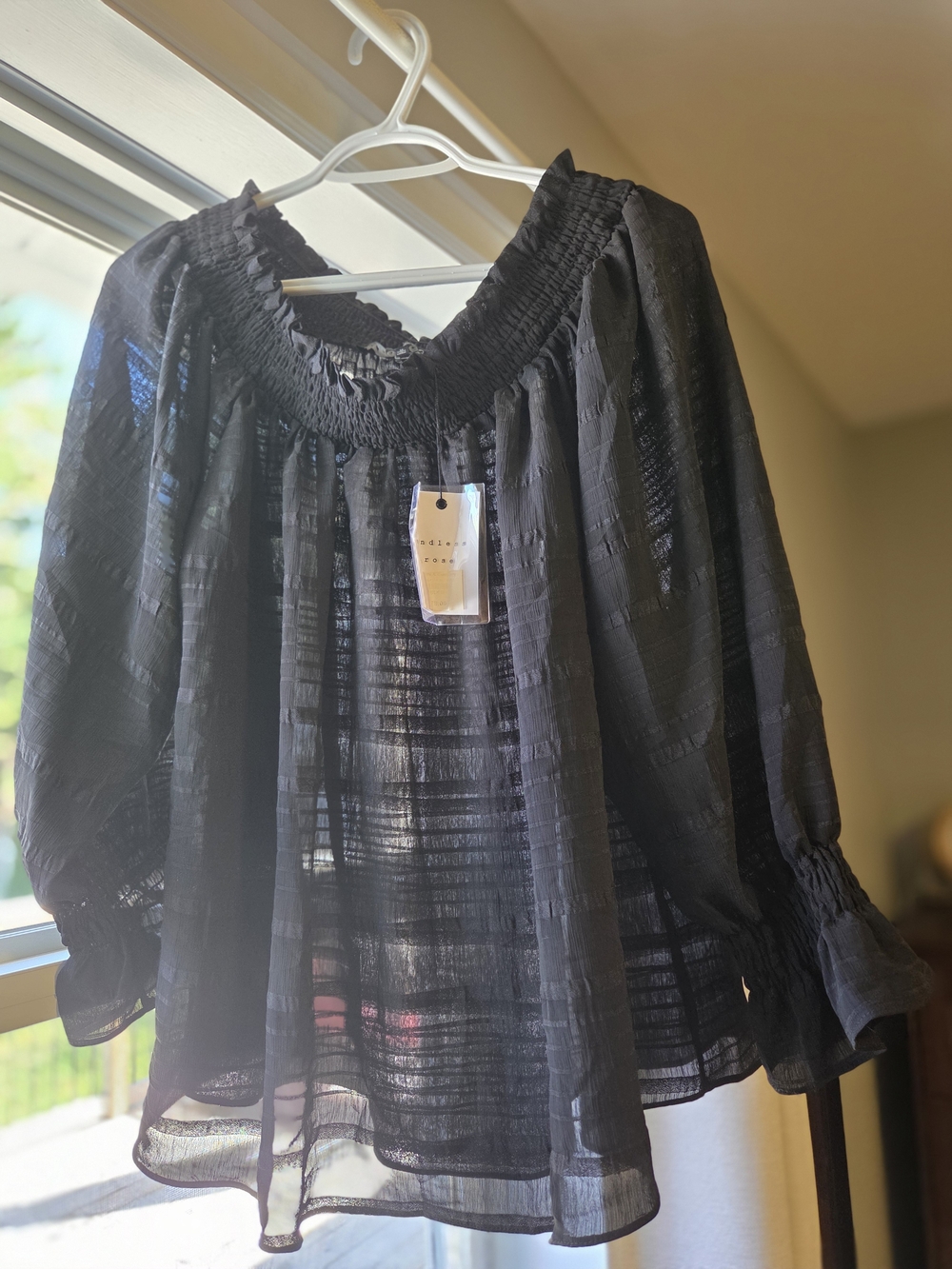 Endless Rose Black Sheer Smocked-Neck Blouse